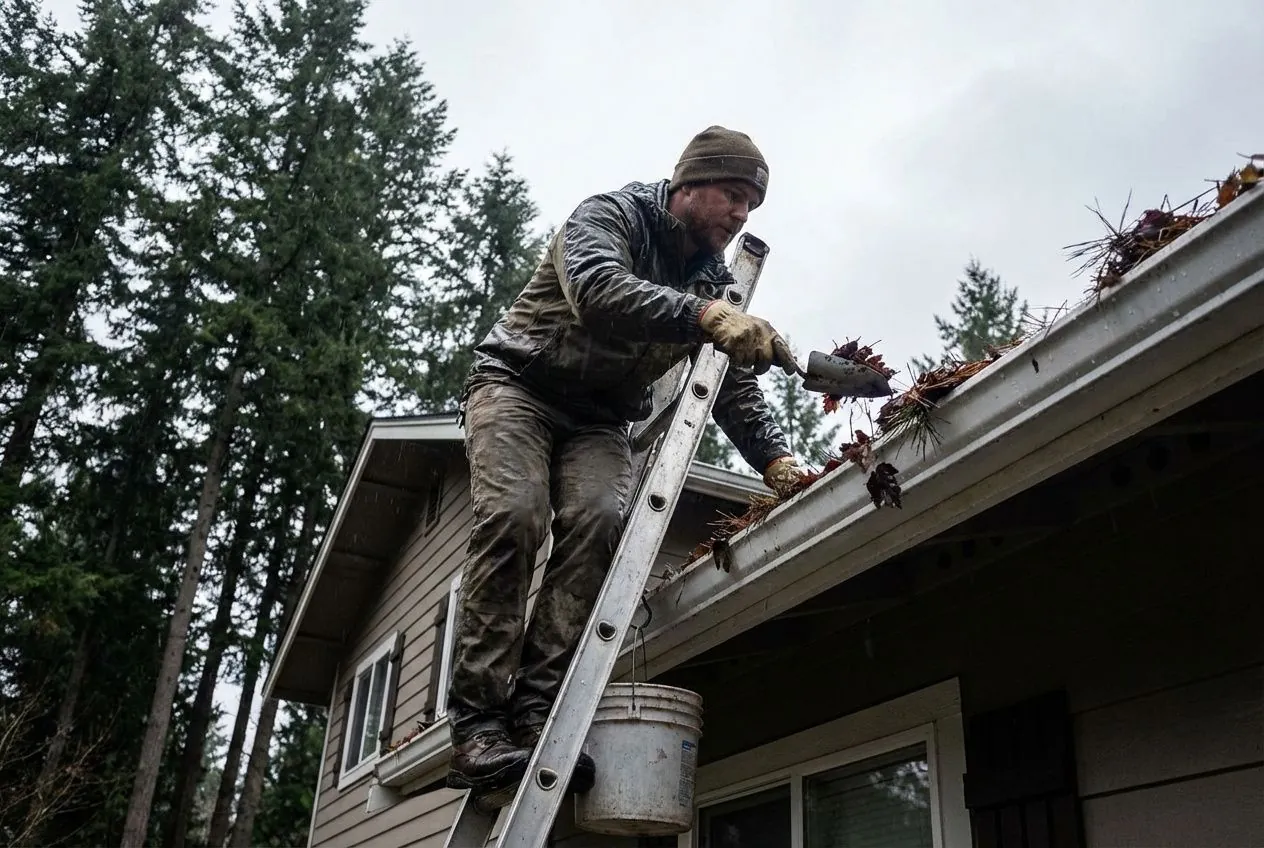 Worker scooping leaf and needle debris from clogged gutter in Douglas County Oregon