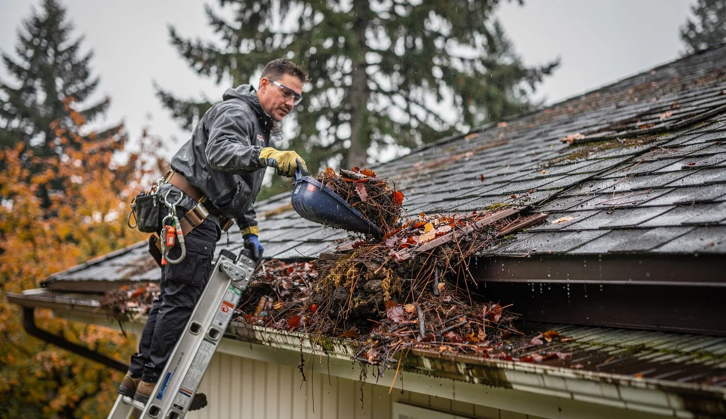 Professional gutter cleaning removing leaves and debris in Douglas County Oregon