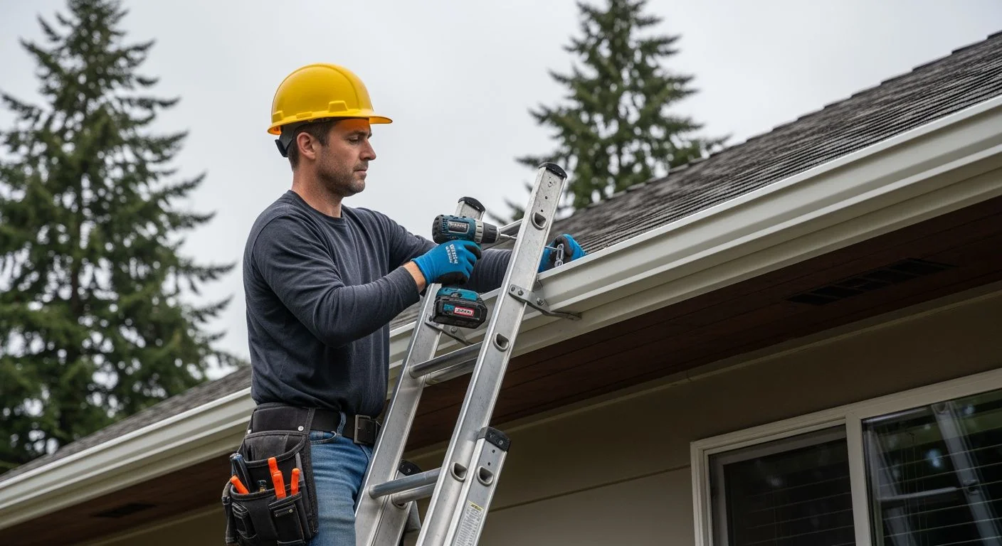 Professional gutter installer on ladder using drill to attach hidden hanger bracket to fascia board on ranch home in Douglas County Oregon
