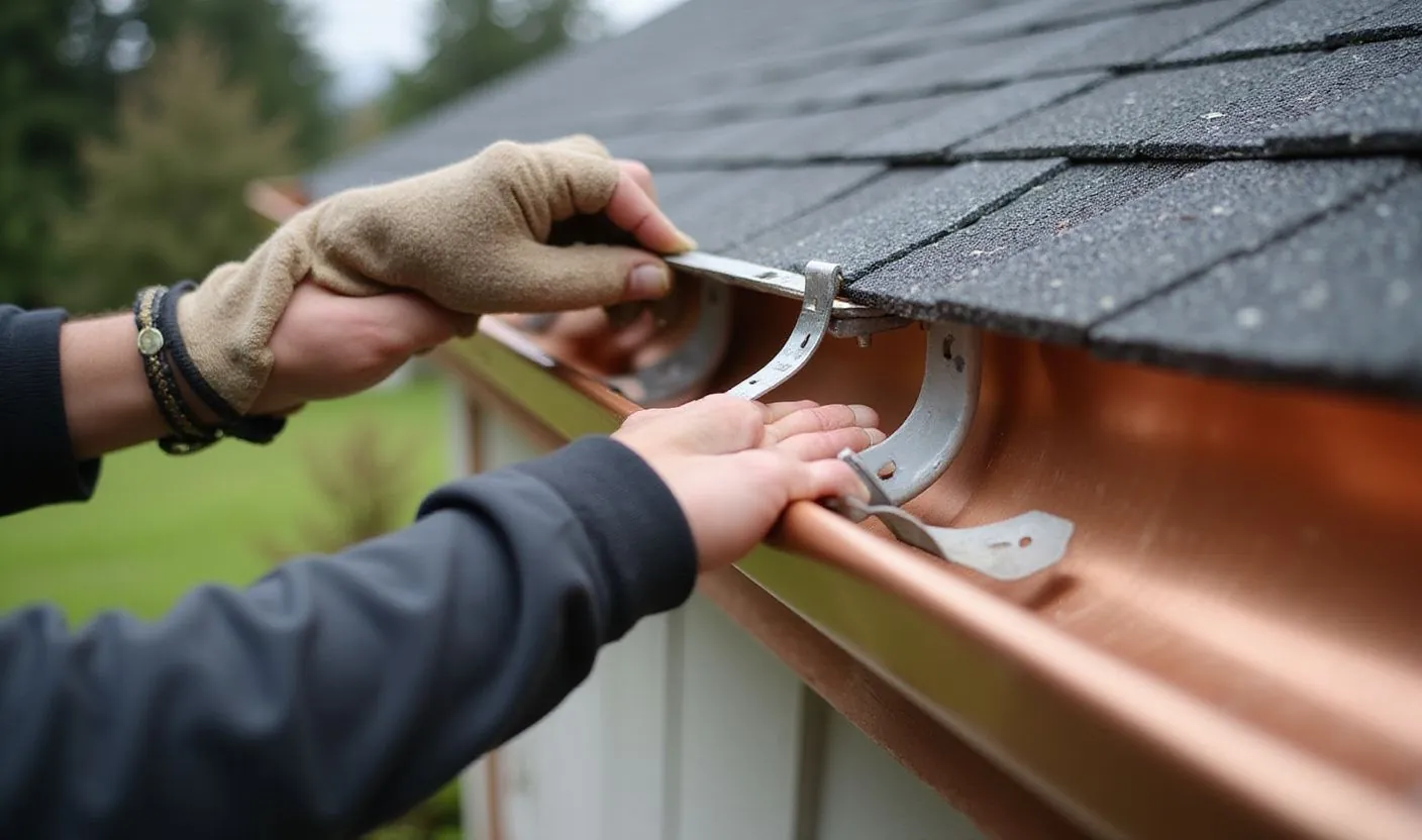 Seamless gutter installation closeup Roseburg Oregon