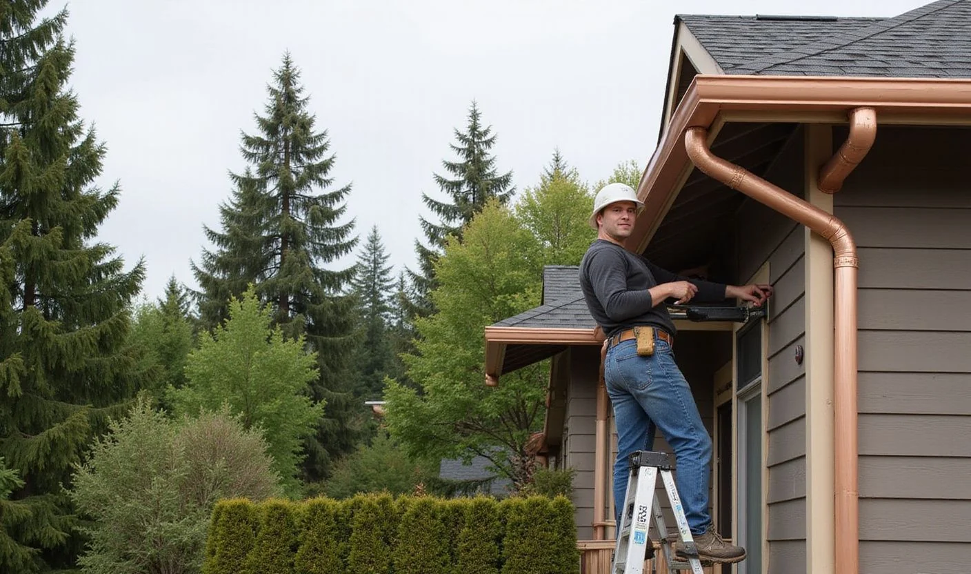 Seamless gutter installation on craftsman home in Douglas County Oregon
