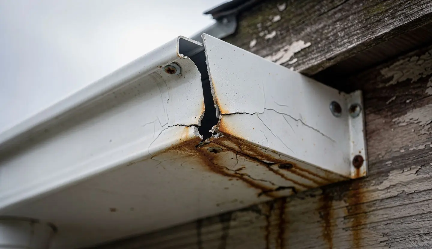 Cracked and rusted joint in sectional gutter from freeze-thaw damage