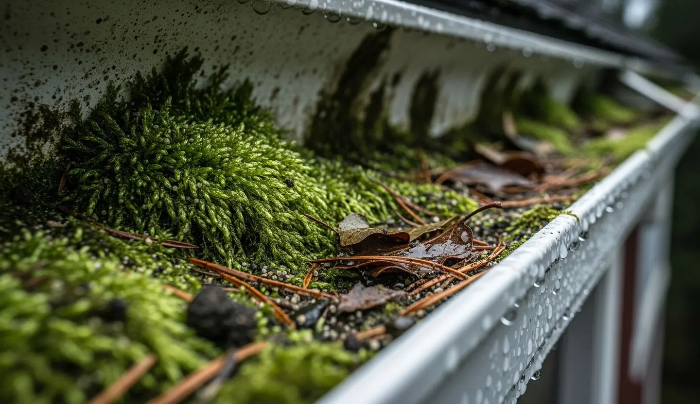 Thick green moss growing inside residential aluminum gutter