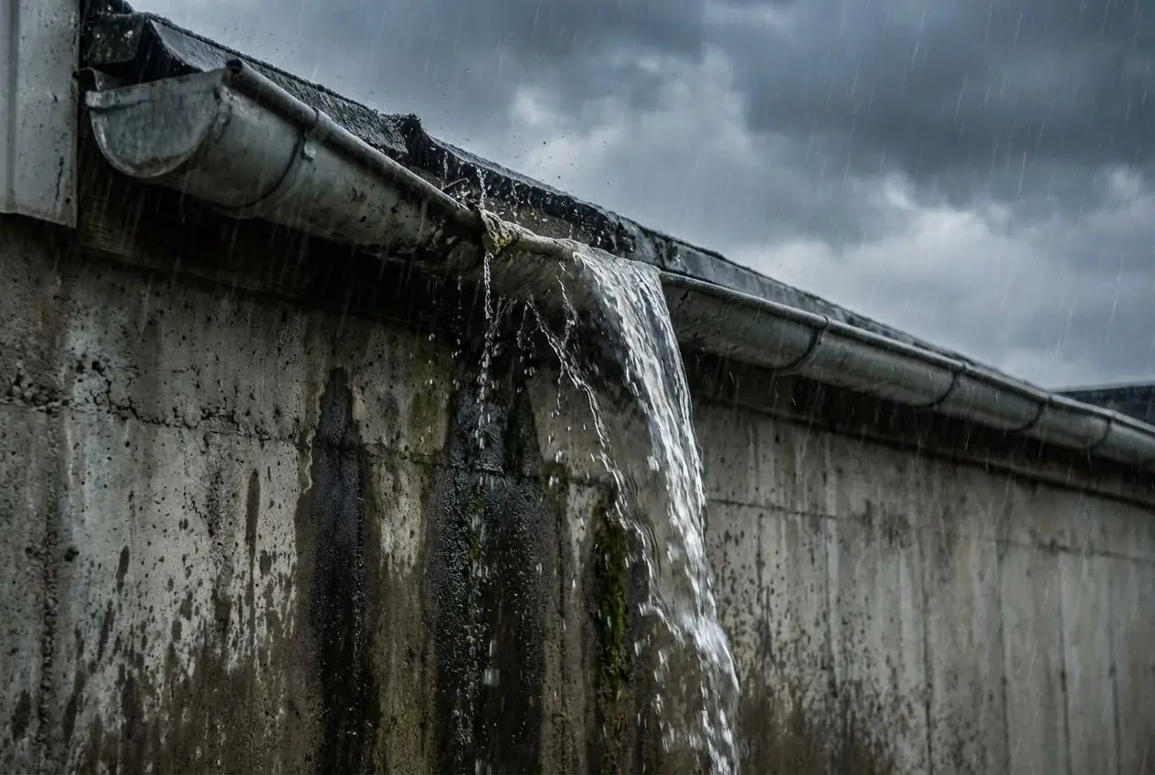 Water overflowing from clogged gutter onto foundation during heavy rain