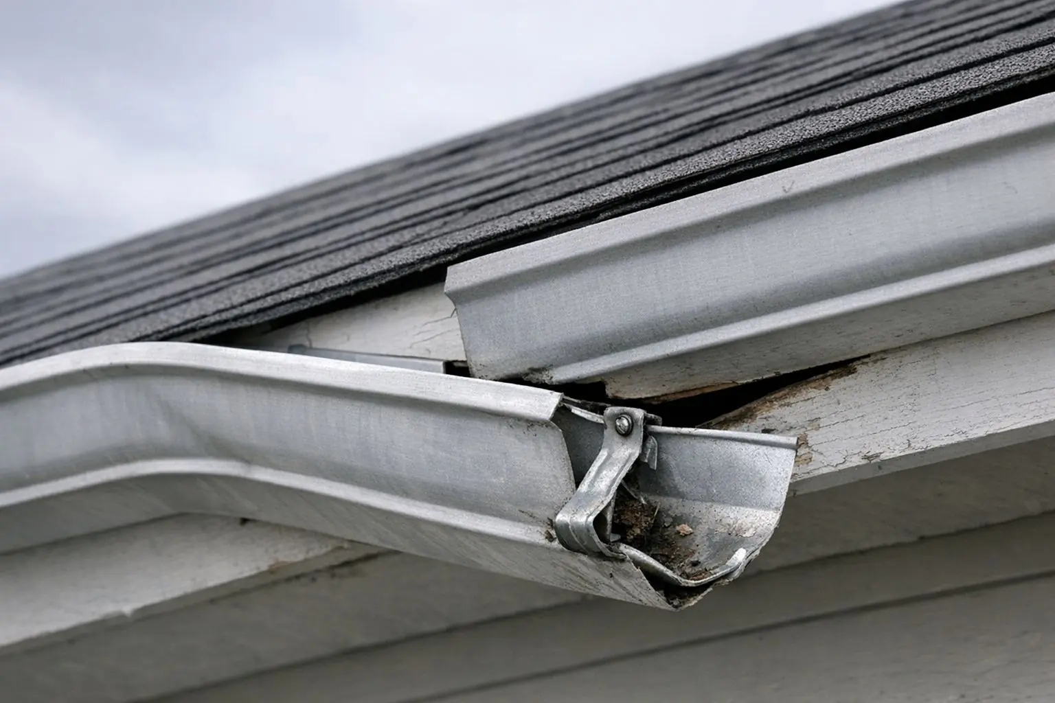 Sagging aluminum gutter pulling away from fascia board with damaged hanger