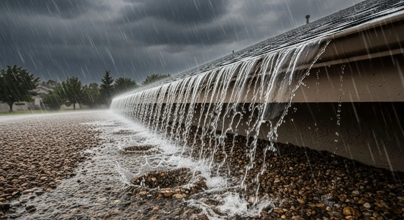 Heavy rain storm water sheeting over undersized gutter hitting gravel below