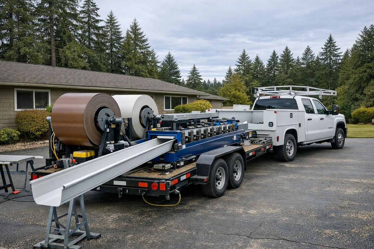 Seamless gutter roll-forming machine extruding K-style aluminum gutter on trailer with white utility truck in Roseburg Oregon driveway