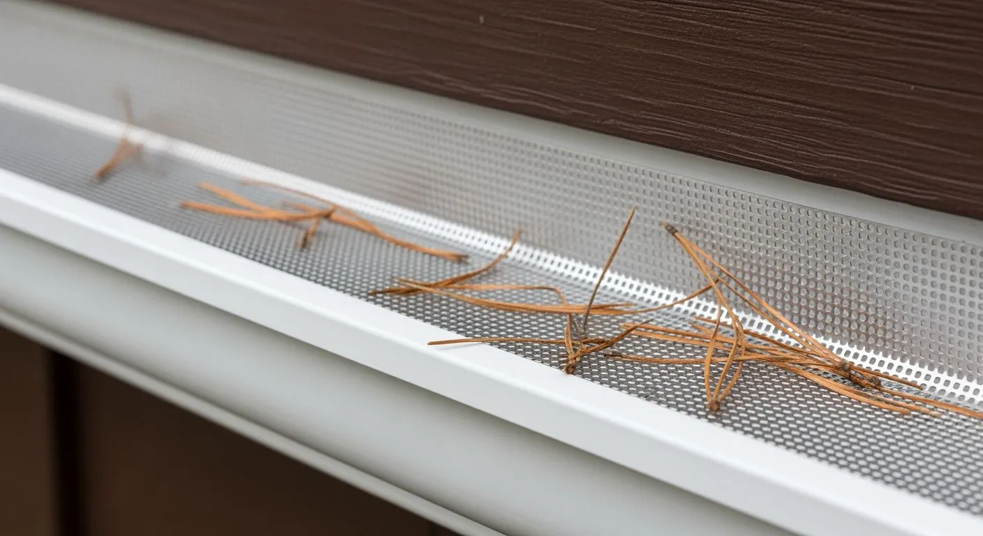 Closeup of micro-mesh stainless steel gutter guard with Douglas fir needles deflected on white K-style aluminum gutter