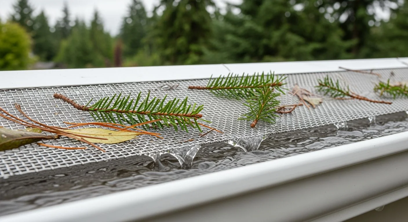 Micro-mesh stainless steel gutter guard installed on white K-style aluminum gutter deflecting Douglas fir needles in Douglas County Oregon