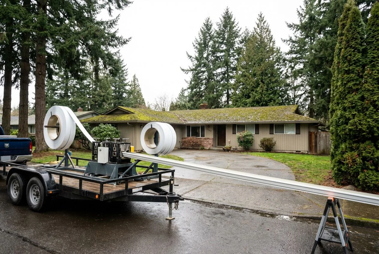 Portable gutter roll-forming machine fabricating seamless gutters in Roseburg Oregon driveway