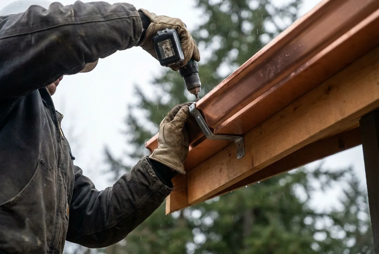 Hidden hanger being screwed into fascia board during seamless gutter installation in Douglas County Oregon