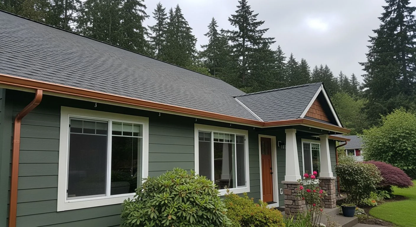 Seamless copper-colored aluminum gutters installed on craftsman home in Roseburg Oregon with Douglas fir trees