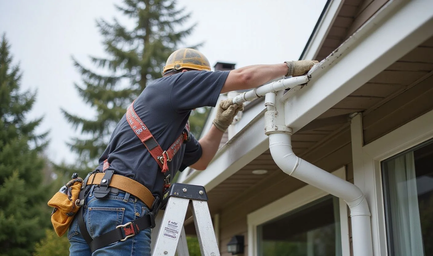 Gutter installer mounting K-style aluminum gutter to fascia in Douglas County