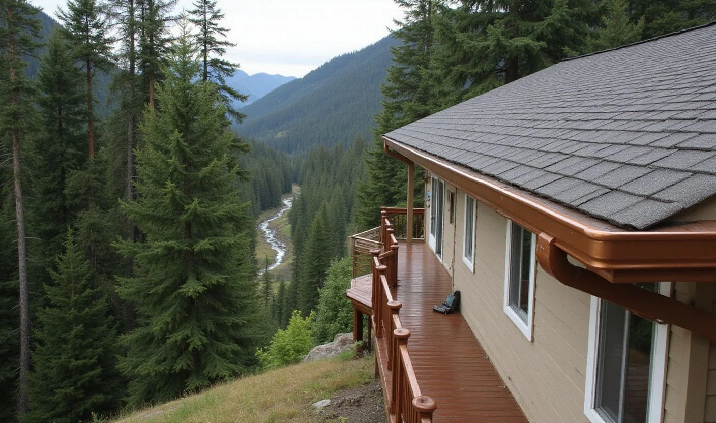 Seamless copper-toned aluminum gutters on ranch home surrounded by Douglas fir forest in Days Creek Oregon