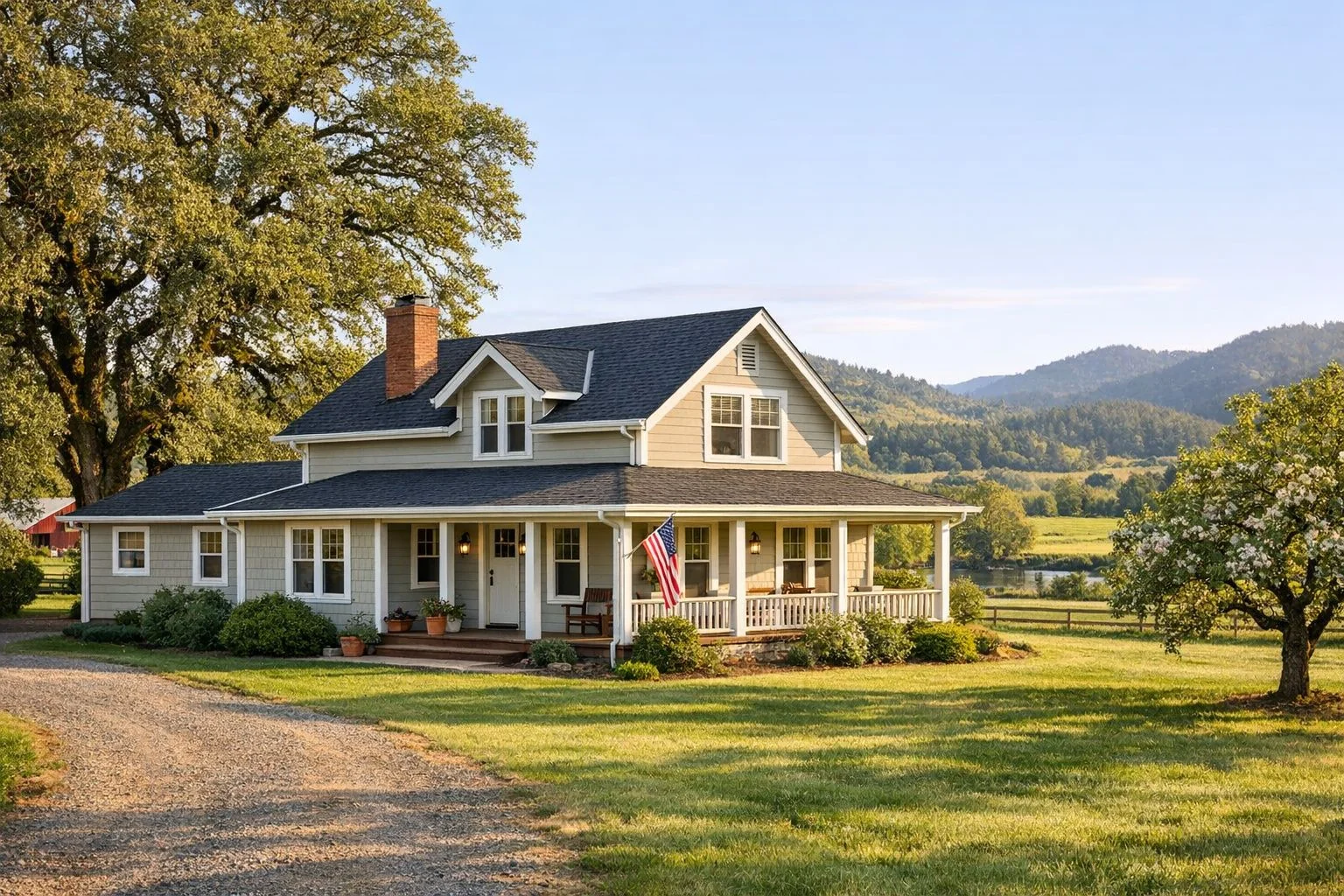 Seamless gutters on rural farmhouse in Dillard Oregon countryside