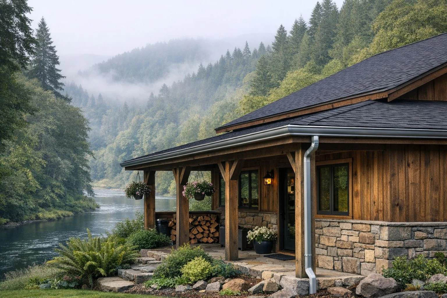 Seamless gutters on a rural home in Elkton, Oregon