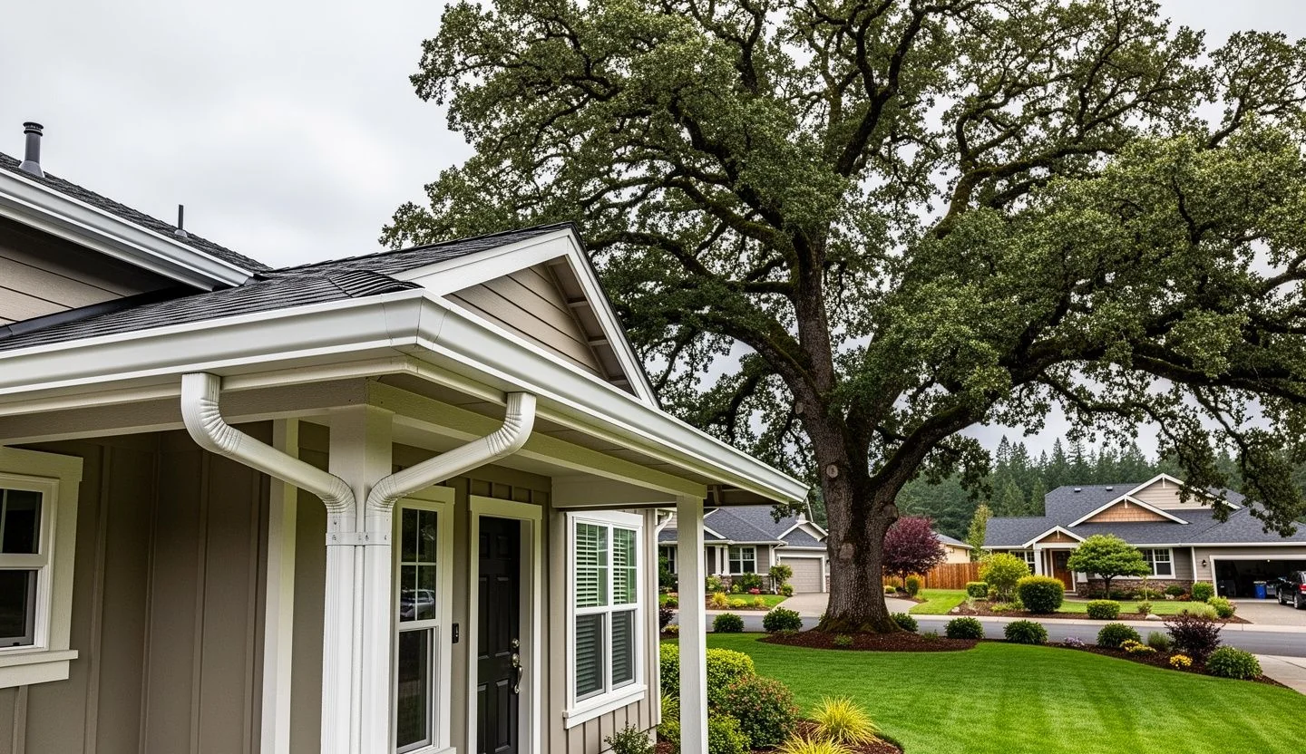 Seamless aluminum gutters on suburban home with mature oak trees in Fair Oaks Oregon