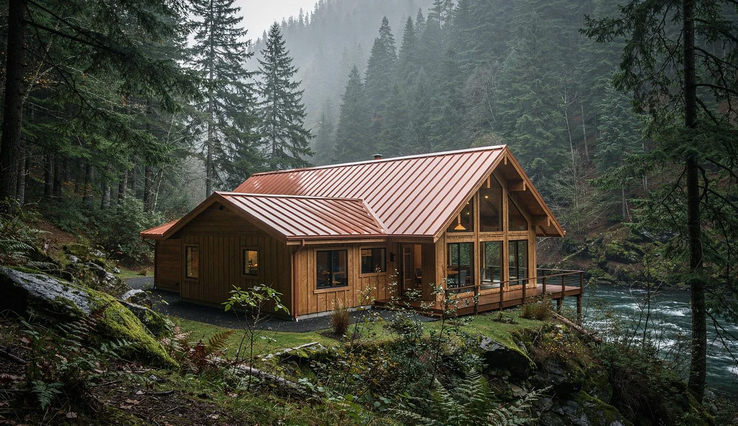 Seamless gutters on cabin home in Glide Oregon North Umpqua River canyon