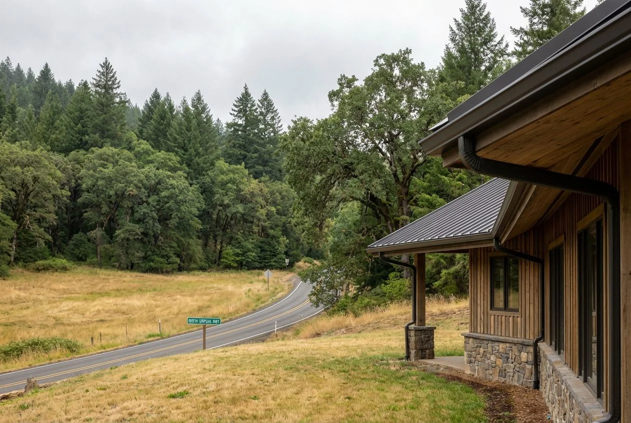 Seamless gutters on home at valley-to-foothills transition near Green Oregon with mixed oak and fir trees