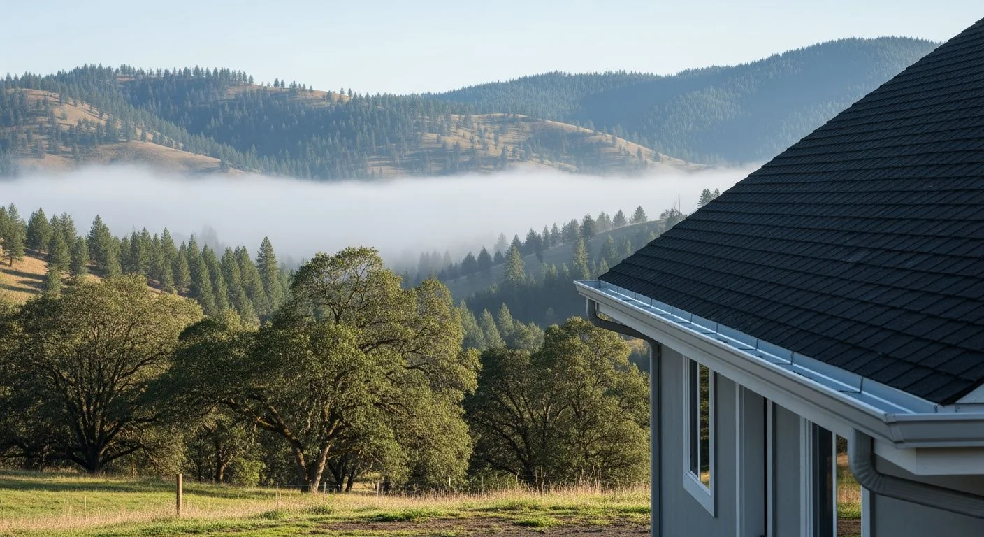 Seamless aluminum gutters on rural property in Lookingglass Valley Oregon with rolling hills and morning fog