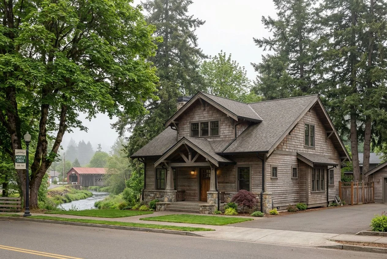 Seamless gutters on home in Myrtle Creek Oregon near covered bridge