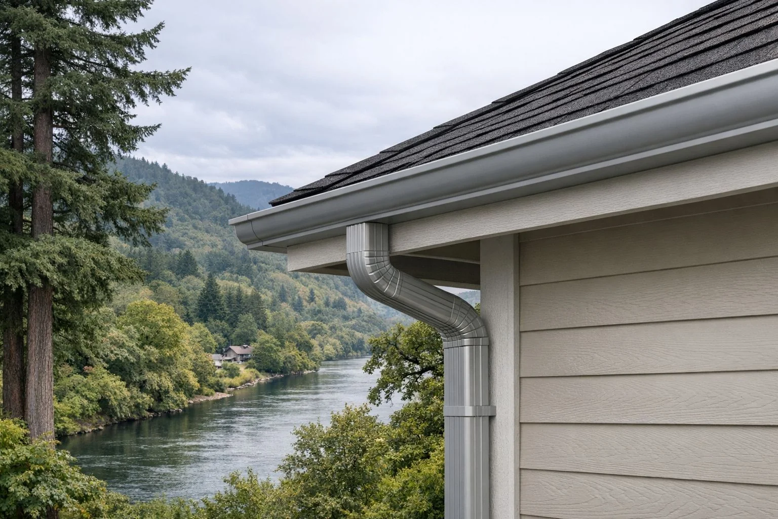 Seamless aluminum gutters on home in South Umpqua River valley near Tri-City Oregon with mature trees